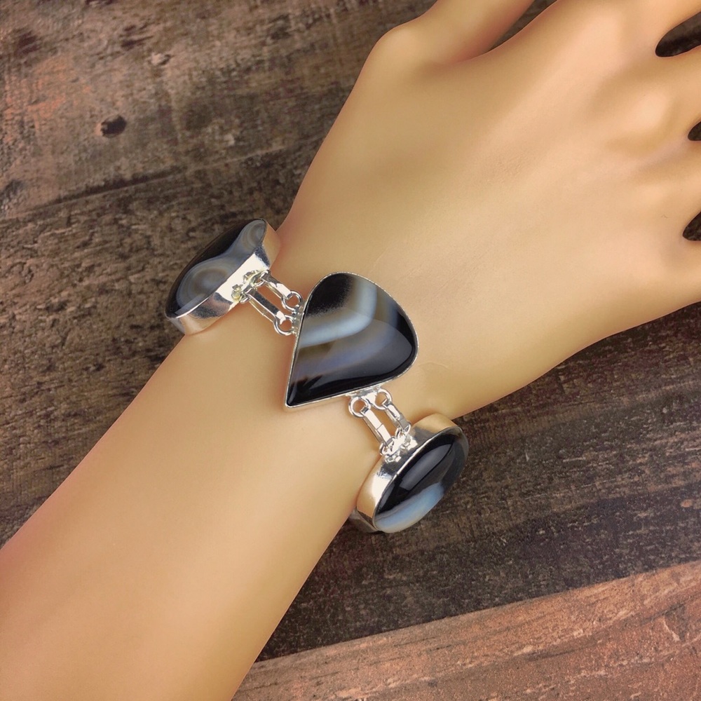 New Banded Black Botswana Agate Stone Silver Overlay Toggle Bracelet